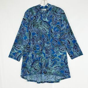 Susan Graver Size M Liquid Knit Blue Green Watercolor Floral Top Stretch